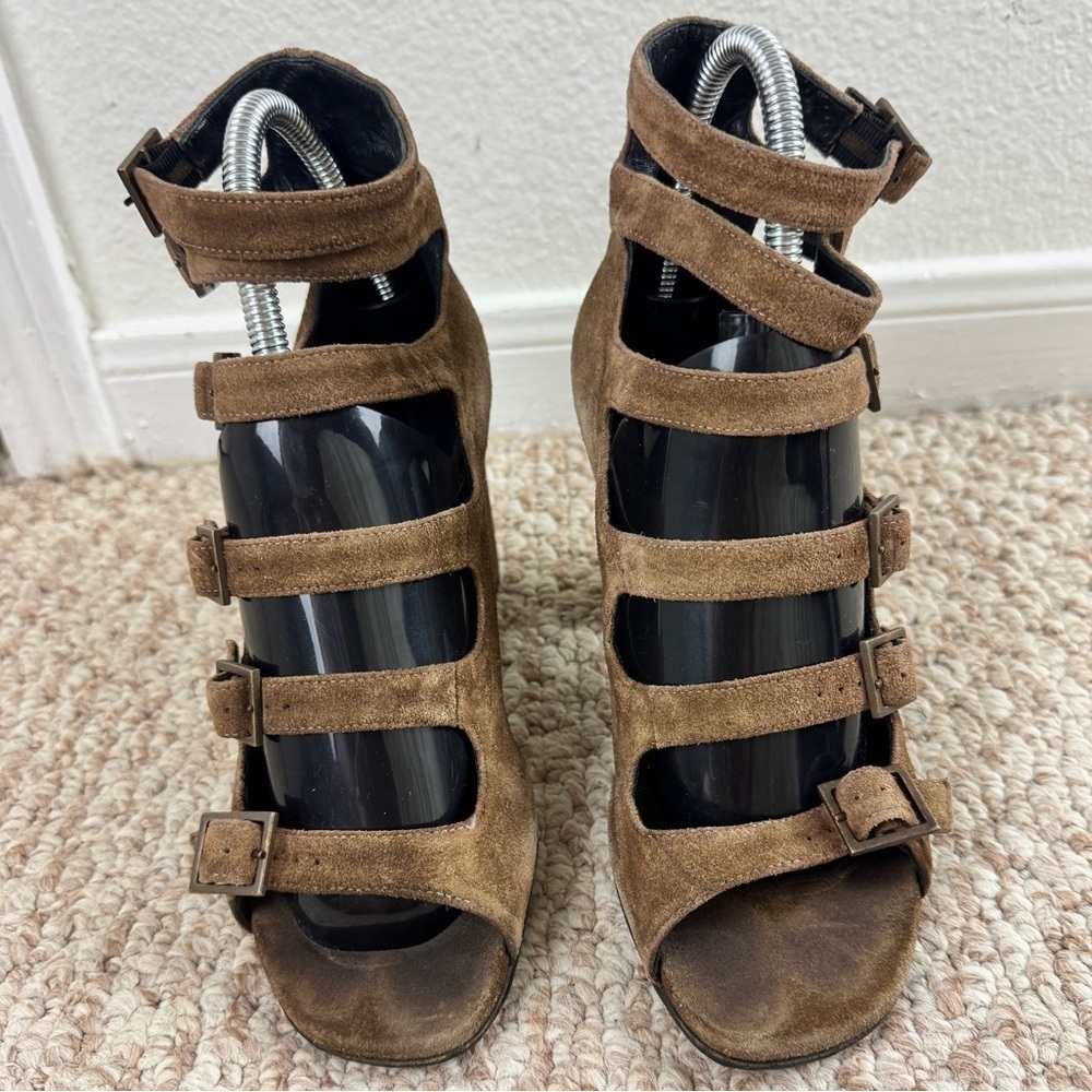 Saint Laurent Brown Suede Strappy Block Heels/Shoes 6.5